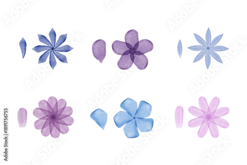 A collection of delicate watercolor flowers and petals in shades of blue and purple are displayed across a white surface. Different petal arrangements create unique floral designs.