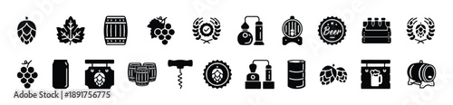 Beer making ingredients icons, brewing elements, hop cone, grape, barley, barrel, corkscrew, bottle opener, distillation apparatus, beer crate, vector