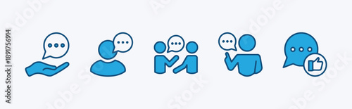 Blue vector icons showing conversation and agreement, including helping hand, user chat, group talk, and feedback