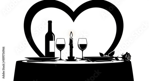 Romantic dinner setup with heart shaped decoration and wine