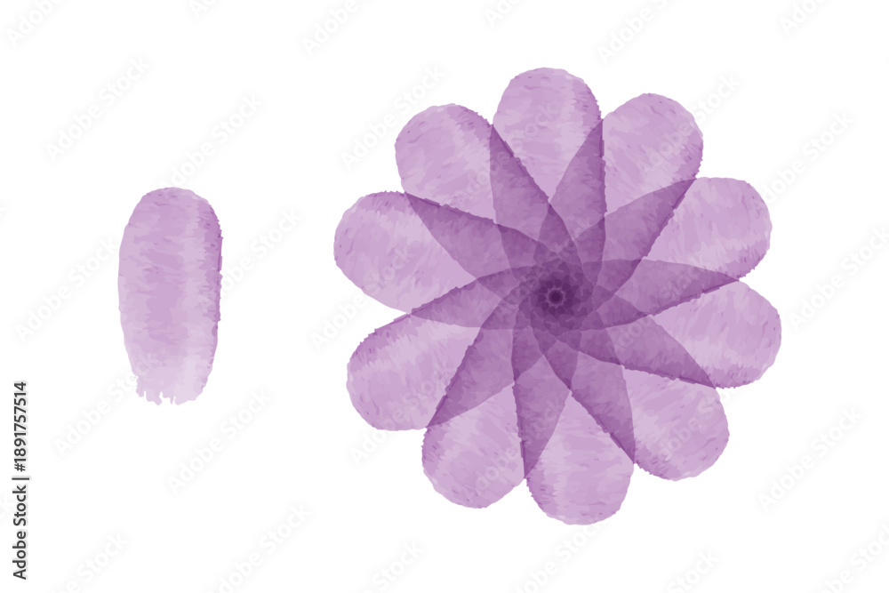 Samolepka A circular purple watercolor flower with overlapping petals is displayed next to a single elongated watercolor bud