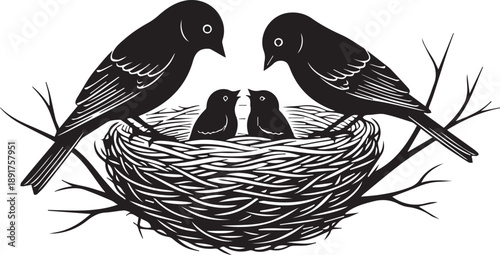 Silhouette of two birds in a nest with eggs