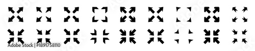 Collection of arrow icons representing expansion, zoom, and directional change, including various styles and sizes, useful for interface design and user experience.