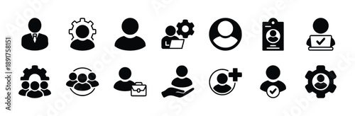 Business icons solid silhouette set, people manager, team leader, employee profile, user account, ID card, person with laptop, portfolio, staff management