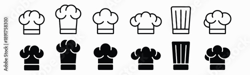 Chef hats and toques collection featuring various styles and designs including classic tall hats and shorter versions for culinary professionals and kitchen staff