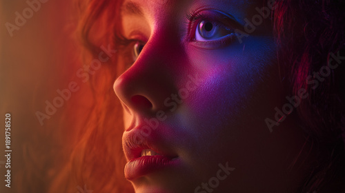 Dramatic Neon Light Portrait of a Woman with Vibrant Color Glow