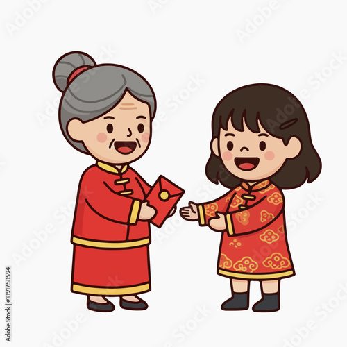 Cute cartoon illustration of grandma giving angpao to a girl for lunar new year