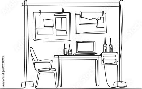 Modern office workspace with computer and chair in minimalist setting