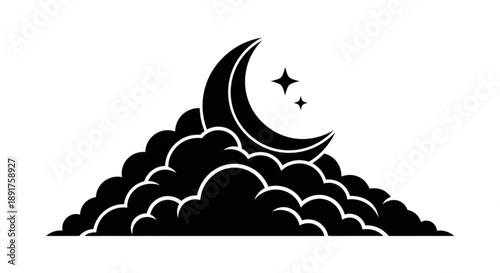 Crescent moon and stars shining above a pile of fluffy clouds at night