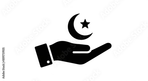Islamic symbol with hand holding crescent moon and star on white background