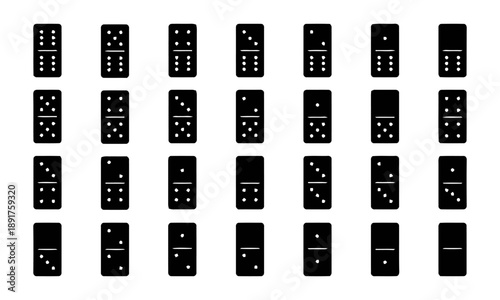 Collection of dominoes on white background, representing different combinations for board games and gambling, isolated black and white icons for design, simple vector illustration