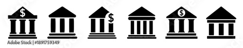 Collection of bank building icons symbolizing financial institutions and money, featuring columns and dollar signs, modern simple vector graphics for finance concepts