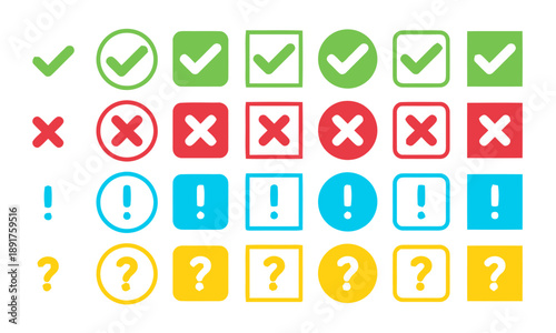 Collection of checkmarks crosses exclamation marks and question marks icons in various colors and shapes, representing options confirmation rejection warnings and inquiries