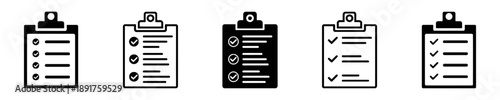 Collection of clipboard icons with checklists, representing tasks, to-do lists, and progress tracking, in solid and outline styles, business and organization concept