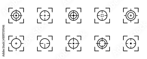Collection of crosshair and target icons within scope frames, representing aim, focus, precision, targeting, accuracy, strategy, and goal setting for design elements