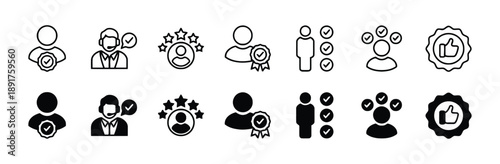 Collection of customer satisfaction and quality service icons with stylized human figures and rating stars, suggesting positive feedback and achievements in business operations and customer care