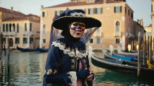 Woman wearing traditional Venetian carnival costume and mask walking near gondolas in Venice. Cultural travel footage highlighting elegance, history and Italian heritage