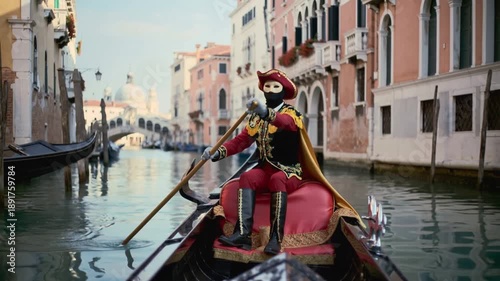 Traditional Venetian gondolier in historic costume rowing a gondola through narrow canals of Venice, Italy. Iconic travel scene and European cultural heritage