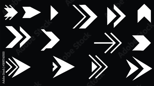 Set of 15 White Geometric Arrow Icons Vector on Black Background
