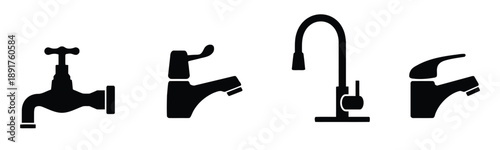 Collection of four faucet icons in silhouette, representing water taps and plumbing fixtures, isolated on white background.