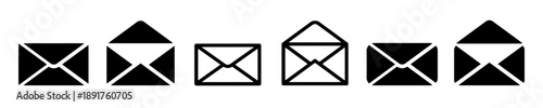Collection of envelope icons, representing mail and communication, black silhouette and outline designs for correspondence and postal service related graphics