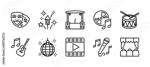 Collection of entertainment icons including theater masks, fireworks, stage, DJ equipment, drums, guitar, disco ball, video player, microphone, and curtains for performance and celebration