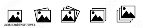 Collection of five image icons representing photo albums, galleries, and pictures in different arrangements, indicating digital media, photography, and visual content display