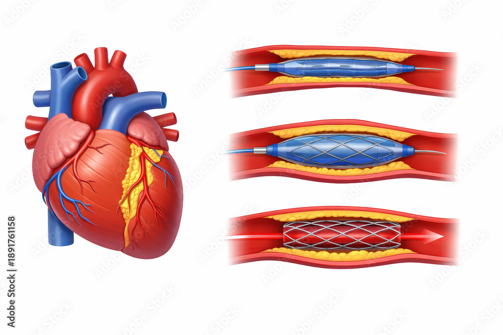 Naklejka premium Angioplasty. Stent Implantation. Deflated balloon catheter inserted into a coronary artery narrowed by plaque. the balloon is inflated, compressing plaque against the artery wall