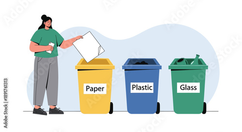 Woman sorting paper into recycling bins for waste management