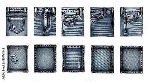 Collection of denim jeans with various washes and styles
