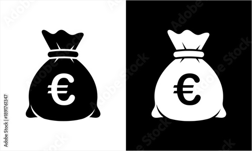 Euro Money Bag Icon Black and White Illustration.