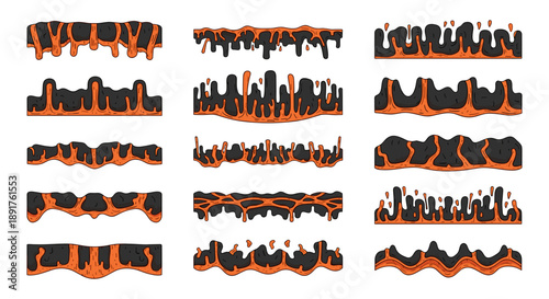 Set of twelve stylized fire effects with orange and black colors