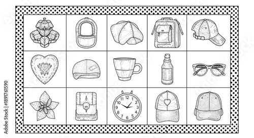 Collection of various objects including heart, clock, and glasses