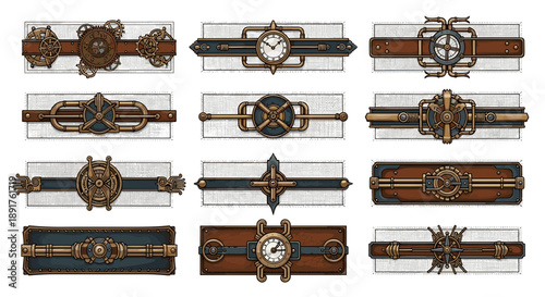 Collection of vintage steampunk gears and mechanical components