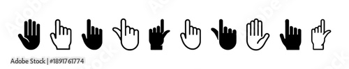 Collection of hand cursor icons, including open palm, pointing finger, and click symbols, black and white outlines