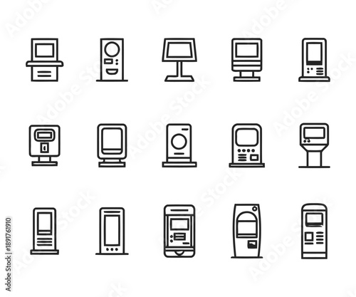 Collection of modern information kiosks and touch screen terminals, various designs for public information and self-service, isolated on white background, technology icons