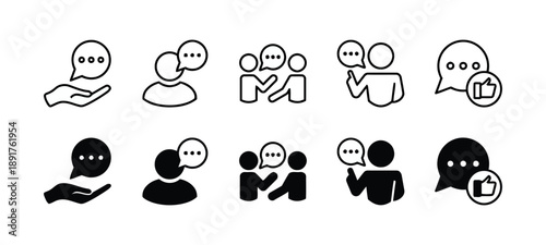 Collection of people talking and communication icons, including hand holding speech bubble, user chat, and group discussion