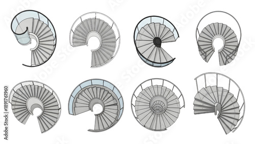 Architectural Staircase Details Vector Set: Modern Minimalist Spiral Stairs, Floating Steps, Elevation and Plan View Symbols for Interior Design Blueprints