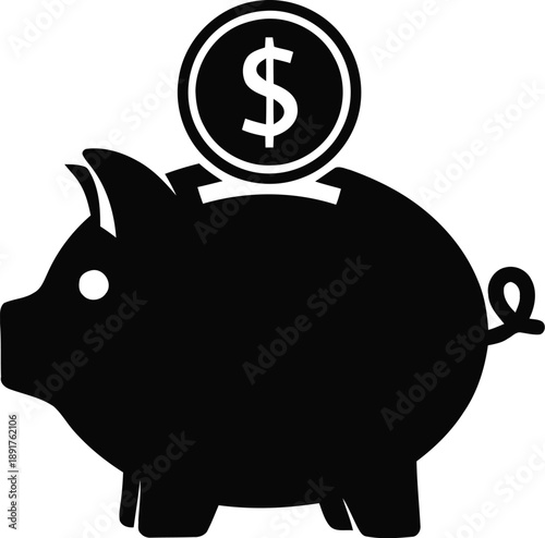 Piggy bank silhouette with dollar coin being inserted for finance saving investment bank account and wealth management