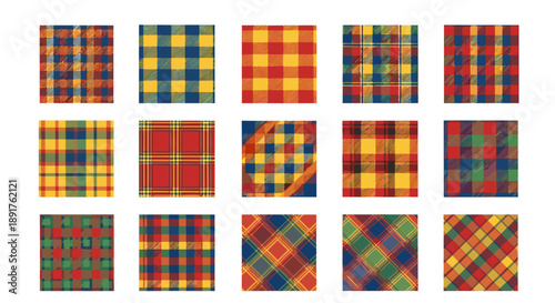 Collection of colorful plaid fabric swatches with various patterns