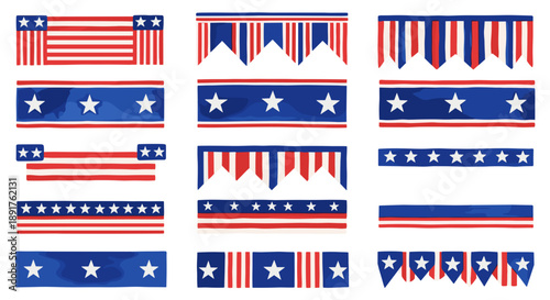 Set of patriotic banners and flags with stars and stripes design