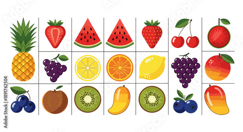 Collection of colorful fresh fruits including pineapple watermelon and cherry