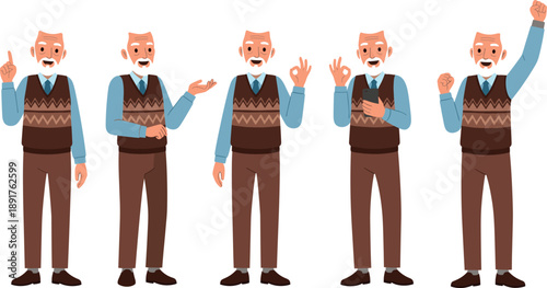 Senior Man Character Illustration Set Showing Elderly Male Poses, Gestures, and Emotions for Retirement, Healthcare, and Lifestyle Design Projects
