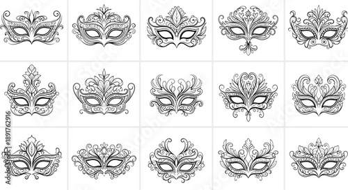 Set of ornate decorative masquerade masks with intricate designs