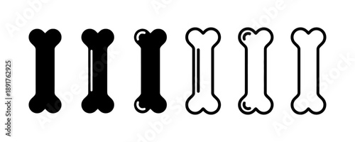Collection of six bone icons in black and white outline and solid fill styles representing different variations of dog treats or pet toys for veterinary or animal care services