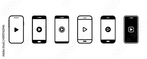Collection of smartphone screens displaying play buttons and video player interfaces. Mobile app icons and media controls.