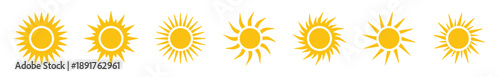 Collection of stylized sun icons with radiating rays in yellow, symbolizing energy, warmth, and daylight, diverse graphic representations of celestial body for summer or weather themes