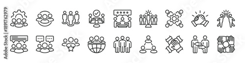 Collection of team building and collaboration icons representing business growth and partnership strategies on white background, flat design linear style.