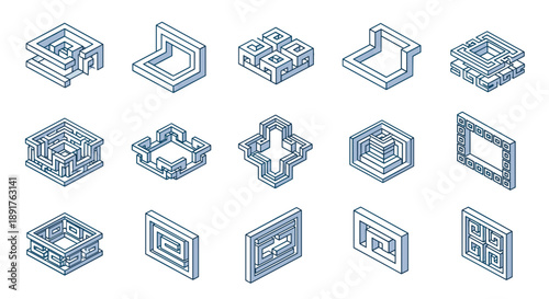 Set of isometric 3d architectural structures and building models