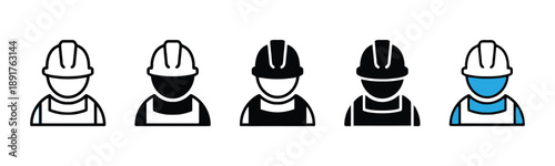 Construction worker icons with hard hat and overalls, representing builders and labor in outline and solid black, also with blue accents